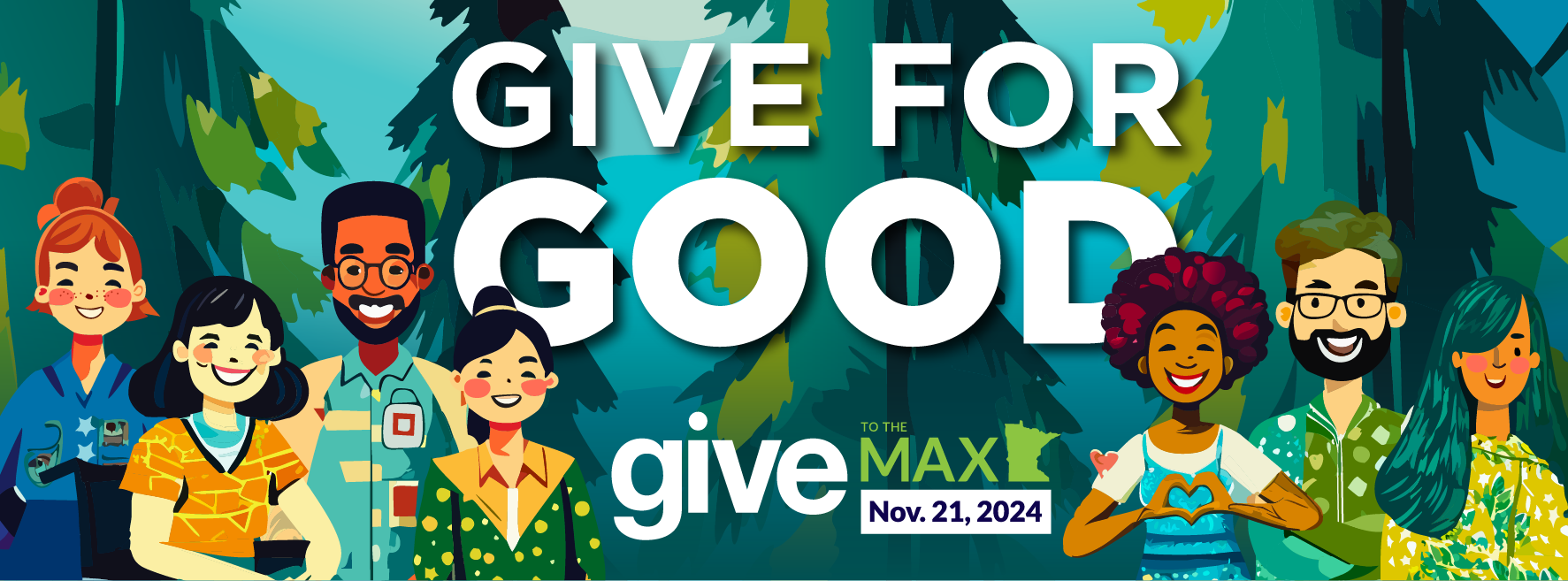 Stylized illustrated people outdoors smiling at the viewer beneat a Give to the Max Day logo