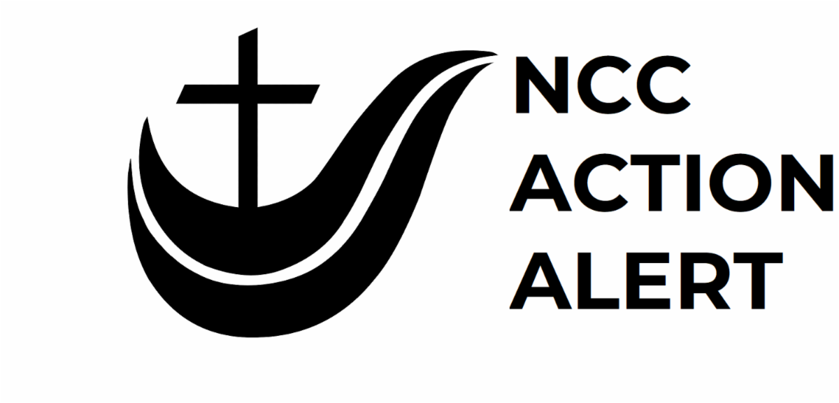 A Cross positioned over two wavy lines next to the text NCC Action Alert