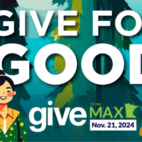 Stylized illustrated people outdoors smiling at the viewer beneat a Give to the Max Day logo